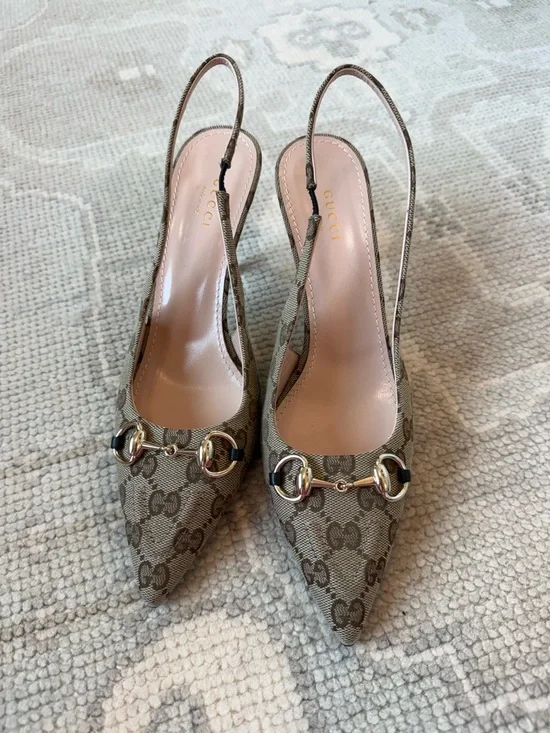 Gucci Brown GG Canvas Horsebit Slingback Heels - Picture 2 of 6